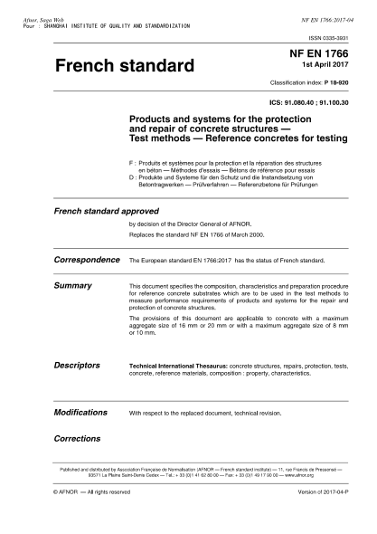 NF P18-920-2017   Products and systems for the protection and repair of concrete structures-Test methods-Reference concretes for testing
