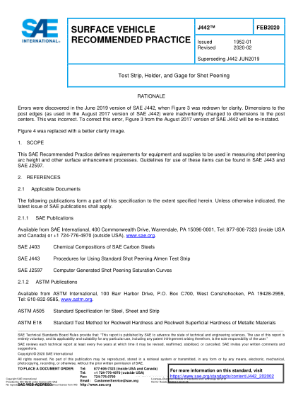 SAE J442-2020  Test Strip, Holder, And Gage For Shot Peening (Best Copy Available)