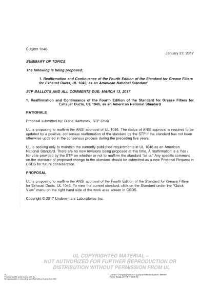 UL 1046 BULLETIN-2017   UL Standard for Safety Grease Filters for Exhaust Ducts (COMMENTS DUE: MARCH 13, 2017)