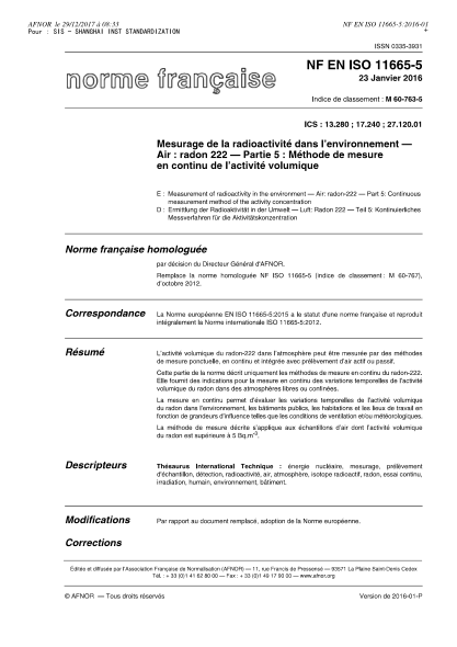 NF M60-763-5-2016   Measurement of radioactivity in the environment - Air - radon-222 - Part 5 - continuous measurement method of the activity concentration