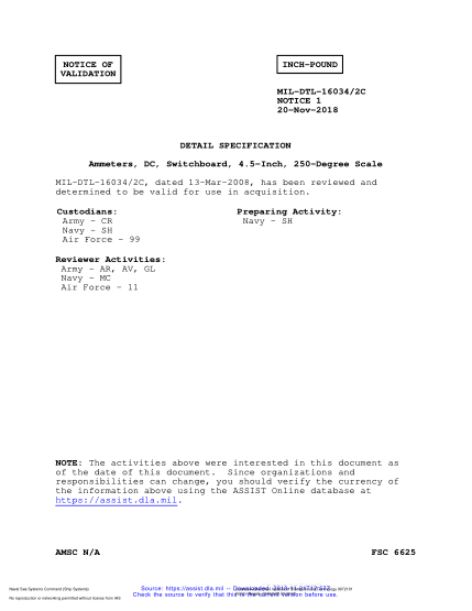 NAVY MIL-DTL-16034/2C VALID NOTICE 1-2018  Ammeters, Dc, Switchboard, 4.5-Inch, 250-Degree Scale