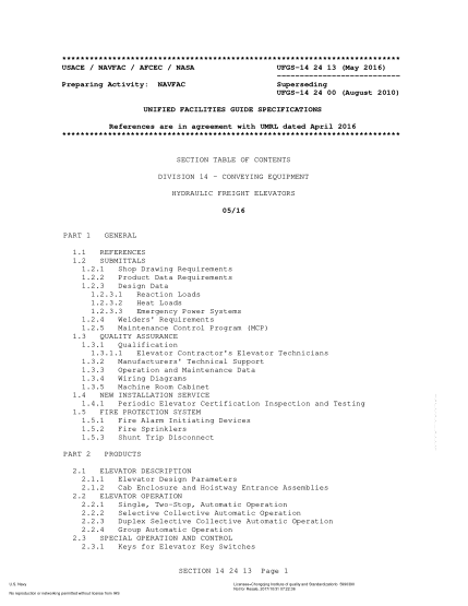 NAVY UFGS-14 24 13-2016   Hydraulic Freight Elevators (Incorporating Change 1: May 1, 2018)