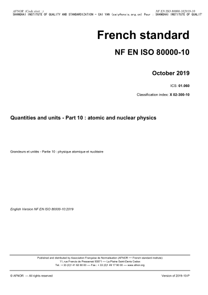 NF EN ISO 80000-10-2019  Quantities and units - Part 10 : atomic and nuclear physics
