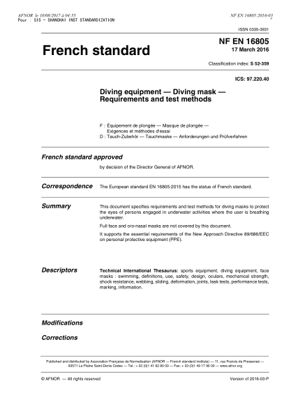 NF S52-359-2016   Diving equipment - diving mask - Requirements and test methods