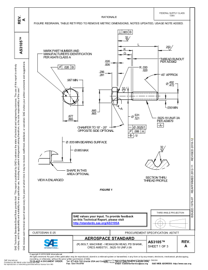 SAE AS3105A-2018  (R) Bolt, Machine - Hexagon Head, Pd Shank, Cres Ams5731, .5625-18 Unfj-3A