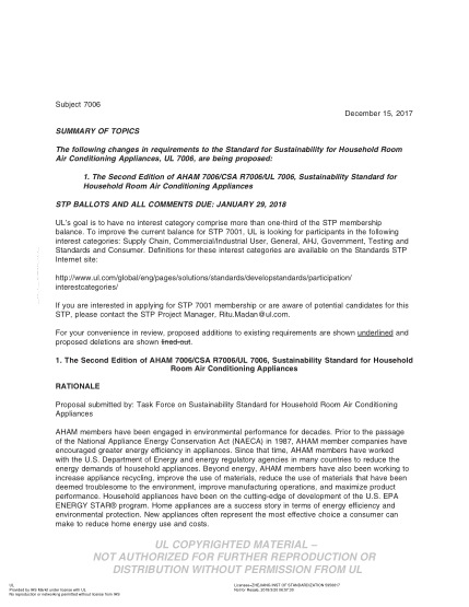 UL 7006 BULLETIN/2-2017  Ul Standard For Sustainability For Household Room Air Conditioning Appliances (Comments Due: January 29, 2018)