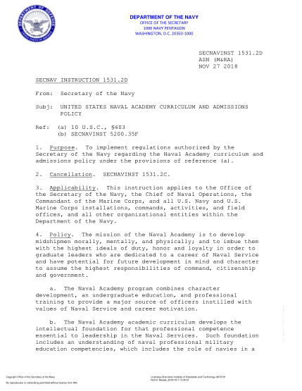 NIDS SECNAV 1531.2D-2018  Asn (M&Ra) United States Naval Academy Curriculum And Admissions Policy