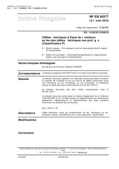 NF C32-075-2016   Electric cables - Fire resistance test for unprotected electric cables (P classification)