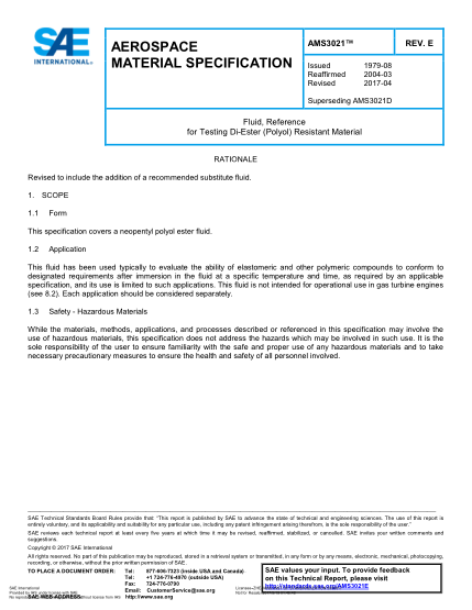 SAE AMS3021E-2017  Fluid, Reference For Testing Di-Ester (Polyol) Resistant Material