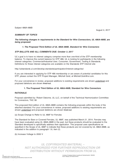UL 486A-486B BULLETIN/2-2017  UL Standard for Safety Wire Connectors (COMMENTS DUE: October 3, 2017)