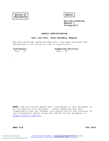 NAVY MIL-DTL-24695/3B VALID NOTICE 1-2017  Vent And Test, Hose Assembly Adapter