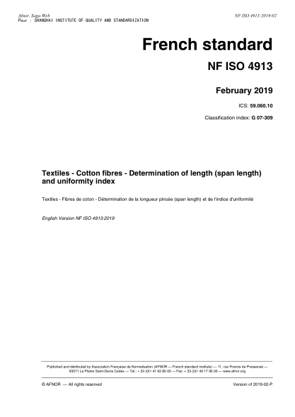 NF ISO 4913-2019  Textiles- Cotton fibres- Determination of length (span length) and uniformity index