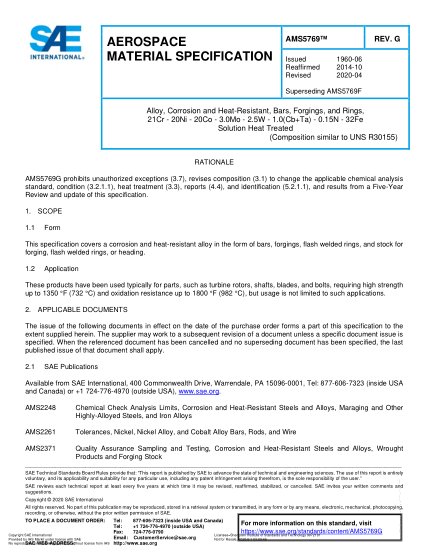 SAE AMS5769G-2020  Alloy, Corrosion And Heat-Resistant, Bars, Forgings, And Rings, 21Cr - 20Ni - 20Co - 3.0Mo - 2.5W - 1.0(Cb+Ta) - 0.15N - 32Fe Solution Heat Treated (Uns R30155)