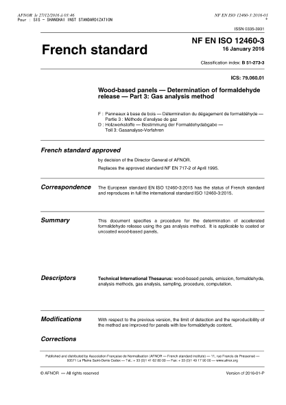 NF EN ISO 12460-3-2016   Wood-based panels - Determination of formaldehyde release - Part 3 - gas analysis method
