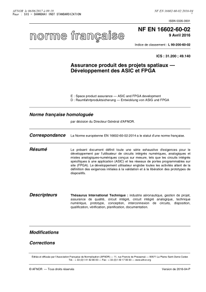 NF EN 16602-60-02-2016   Space product assurance - ASIC and FPGA development