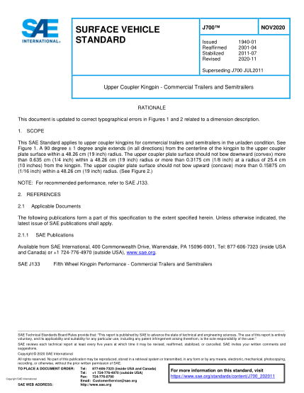 SAE J700-2020  Upper Coupler Kingpin - Commercial Trailers And Semitrailers