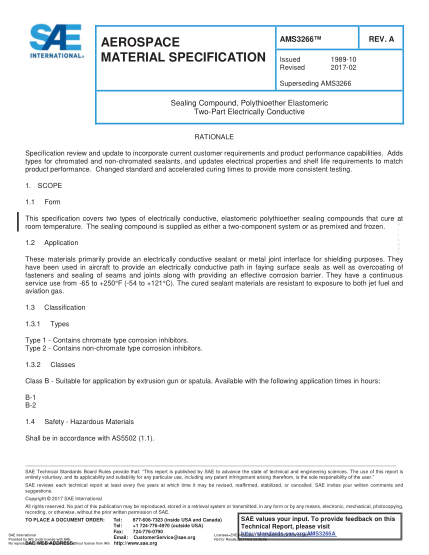 SAE AMS3266A-2017  Sealing Compound,Polythioether Elastomeric Two-Part Electrically Conductive