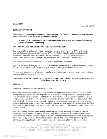 UL 1647 BULLETIN/2-2017  UL Standard for Safety Motor-Operated Massage and Exercise Machines (COMMENTS DUE: September 18, 2017)