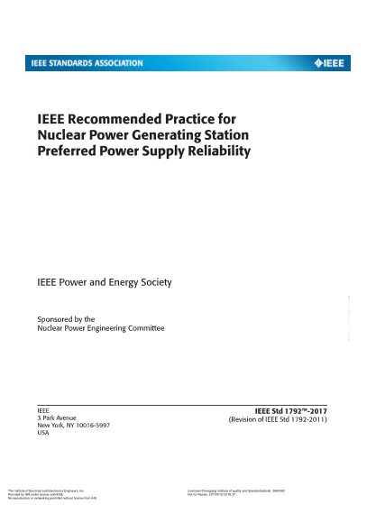 IEEE 1792-2017   Recommended Practice For Nuclear Power Generating Station Preferred Power Supply Reliability