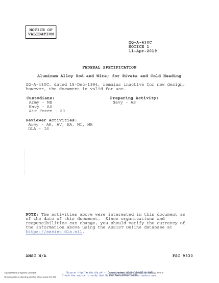 NAVY QQ-A-430C VALID NOTICE 1-2019  Aluminum Alloy Rod And Wire; For Rivets And Cold Heading