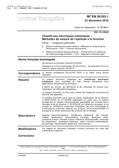 NF EN 50193-1-2016   Electric instantaneous water heaters - Methods for measuring the Performance - Part 1 - general requirements