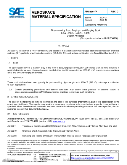 SAE AMS6907C-2020  Titanium Alloy Bars, Forgings, And Forging Stock 6.0Al - 2.0Sn - 4.0Zr - 6.0Mo Duplex Annealed (Uns R56260)