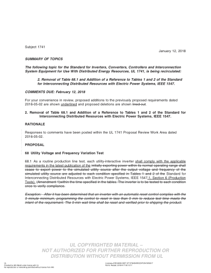 UL 1741 BULLETIN-2018  Ul Standard For Safety Inverters, Converters, Controllers And Interconnection System Equipment For Use With Distributed Energy Resources (Comments Due: February 12, 2018)