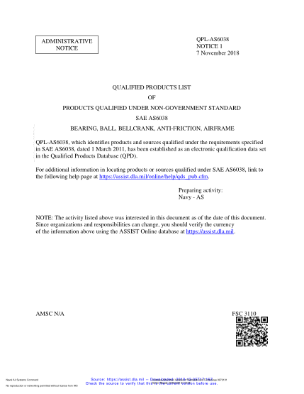 NAVY QPL-AS6038 NOTICE 1-2018  Products Qualified Under Non-Government Standard Sae As6038 Bearing, Ball, Bellcrank, Anti-Friction, Airframe