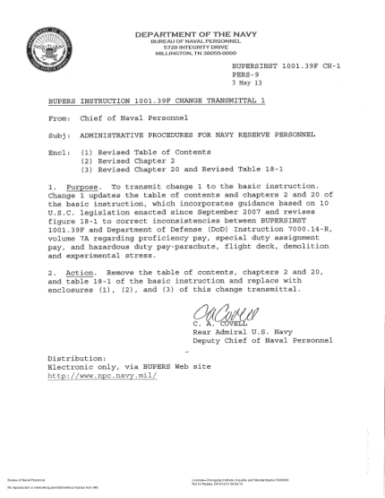 NIDS BUPERS 1001.39F CH-1-2013  (Pers-9) Administrative Procedures For Navy Reserve Personnel