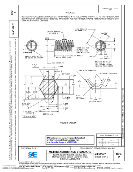 SAE MA3330D-2019  Insert, Screw Thread, Helical Coil, Metric Series, Screw Locking, Cres, Dry Film Lubricated