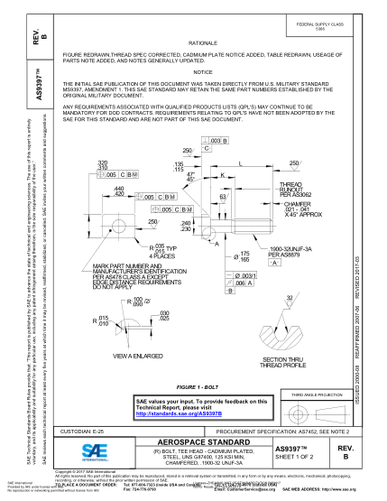 SAE AS9397B-2017  (R) Bolt,Tee Head - Cadmium Plated,Steel,Uns G87400,125 Ksi Min,Chamfered,.1900-32 Unjf-3A
