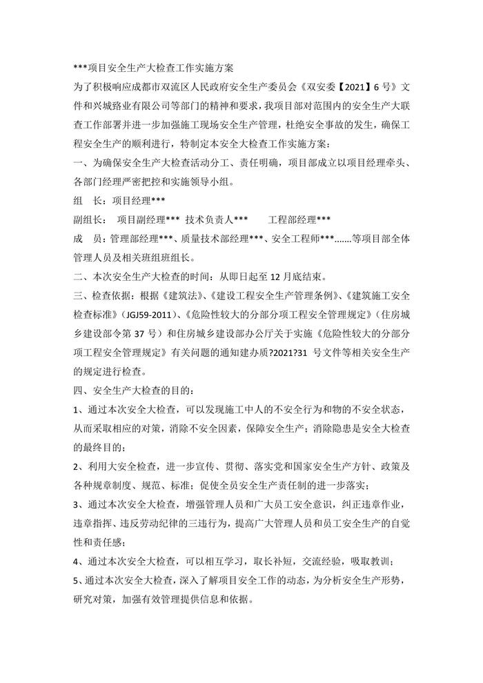 項(xiàng)目安全生產(chǎn)大檢查工作實(shí)施方案docx
