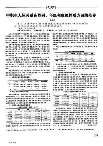 中職生人際關(guān)系在性別、年級和班級性質(zhì)方面的差異