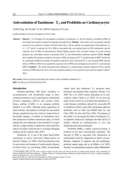 Anti-oxidation of Tanshinone ⅡA and Prohibitin on Cardiomyocytes