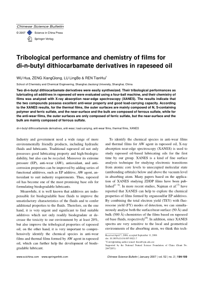 Tribological performance and chemistry of films for di-n-butyl dithiocarbamate derivatives in rapese