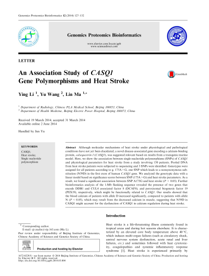 An Association Study of CASQ1 Gene Polymorphisms and Heat Stroke