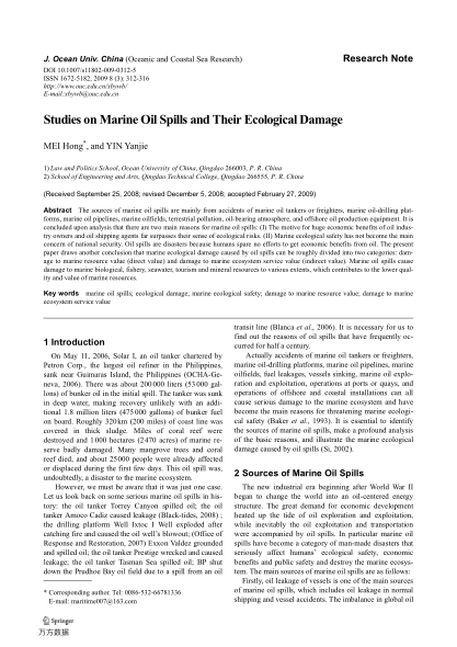 Studies on Marine Oil Spills and Their Ecological Damage