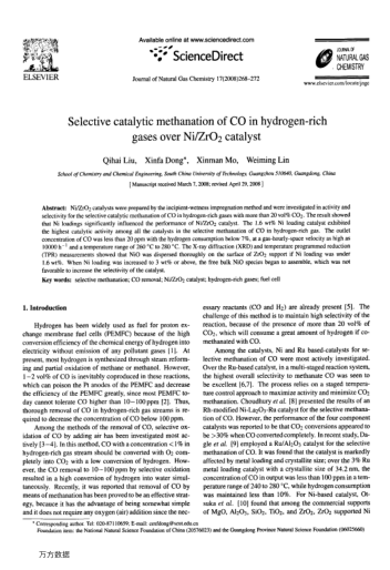 Selective catalytic methanation of CO in hydrogen-rich gases over Ni/ZrO2 catalyst