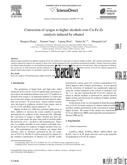 Conversion of syngas to higher alcohols over Cu-Fe-Zr catalysts induced by ethanol
