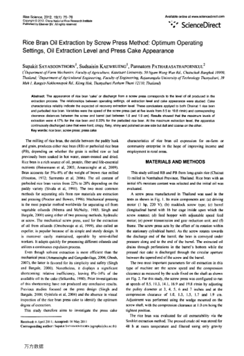 Rice Bran Oil Extraction by Screw Press Method: Optimum Operating Settings, Oil Extraction Level and