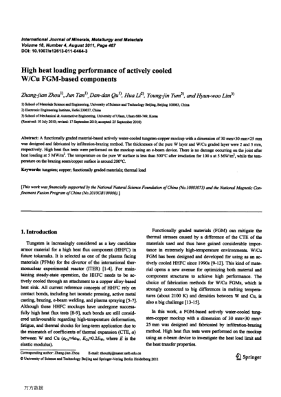 High heat loading performance of actively cooled W/Cu FGM-based components