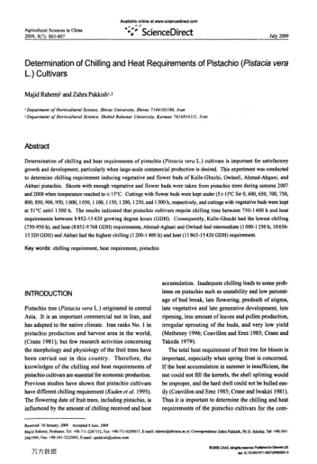 Determination of Chilling and Heat Requirements of Pistachio (Pistacia vera L.) Cultivars