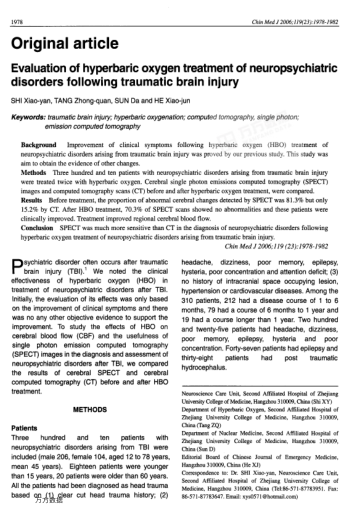 Evaluation of hyperbaric oxygen treatment of neuropsychiatric disorders following traumatic brain in