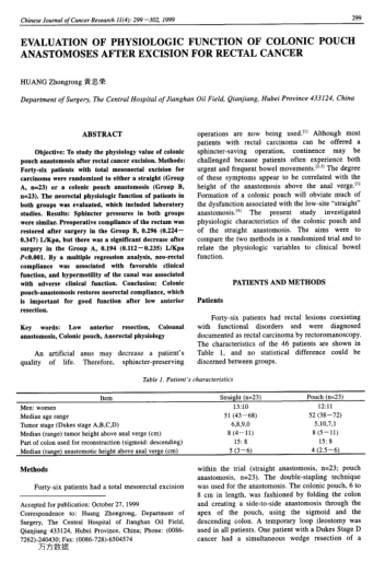 EVALUATION OF PHYSIOLOGIC FUNCTION OF COLONIC POUCH ANASTOMOSES AFTER EXCISION FOR RECTAL CANCER