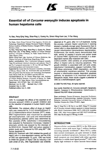 Essential oil of Curcuma wenyujin induces apoptosis in human hepatoma cells