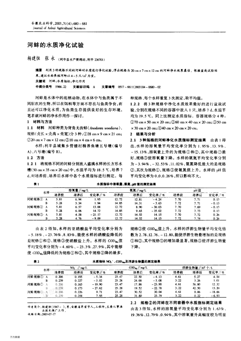 河蚌的水質(zhì)凈化試驗