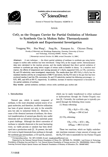 CeO2 as the Oxygen Carrier for Partial Oxidation of Methane to Synthesis Gas in Molten Salts: Thermo