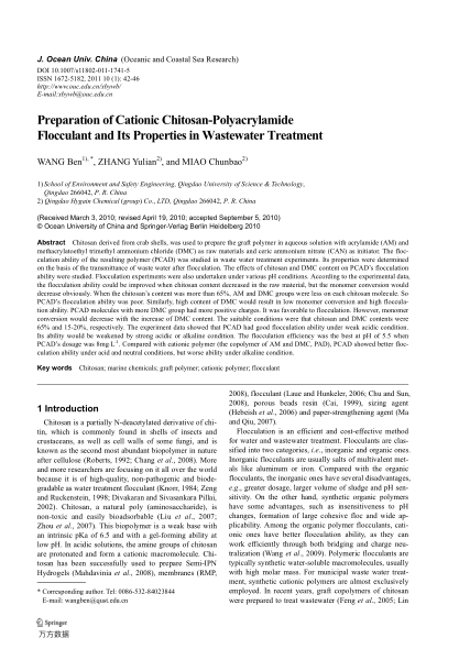 Preparation of Cationic Chitosan-Polyacrylamide Flocculant and Its Properties in Wastewater Treatmen