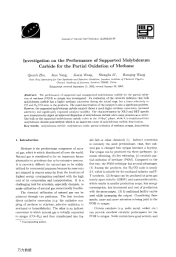 Investigation on the Performance of Supported Molybdenum Carbide for the Partial Oxidation of Methan