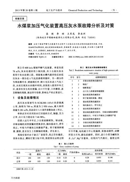 水煤漿加壓氣化裝置高壓灰水泵故障分析及對(duì)策